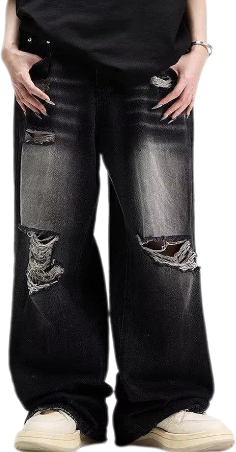 Men Baggy Ripped Jeans Y2k Hip Hop Distressed Jeans Oversized Boyfriend Jeans Wide Leg Pants Y2K Streetwear