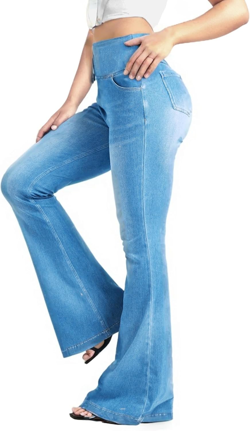 Knit Stetchy Flare Jean for Women Jean Leggings with Pockets High Waisted Pull on Bell Bottom Yoga Pants
