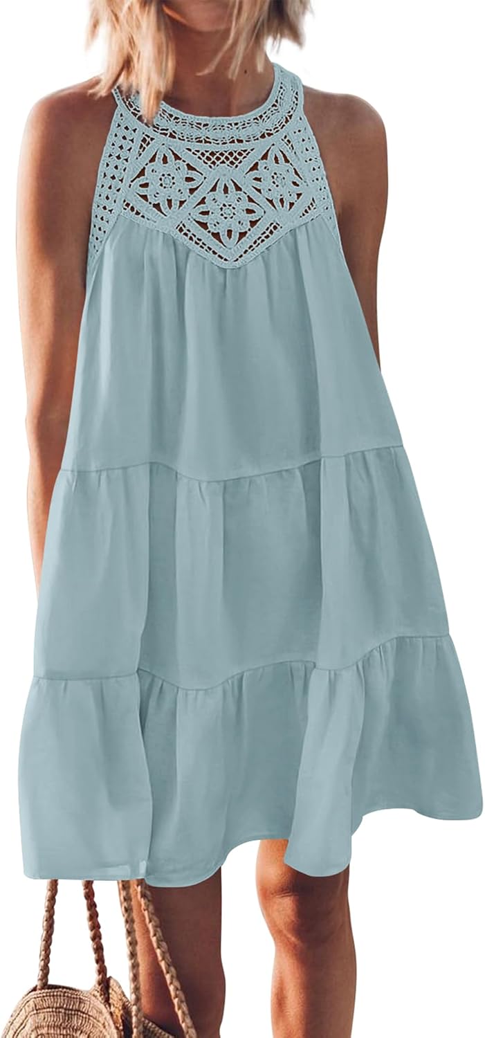 Women Summer Dresses Casual Spring Clothes Sleeveless Halter Neck A-Line Boho Mini Dress Beach Vacation Sundress