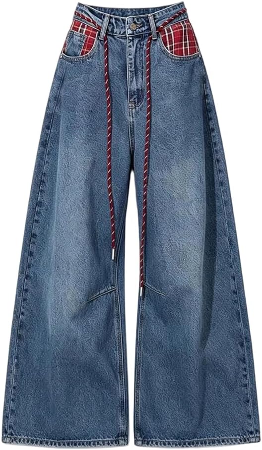 Women's Plaid Patchwork Washed Jeans Oversize Vintage Grunge Baggy Wide Leg Pants