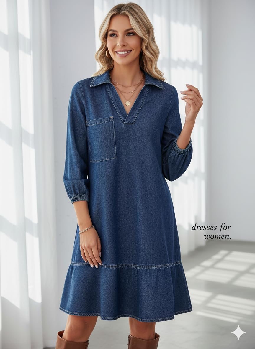 Dress for Women Fall Casual Babydoll V Neck 3\/4 Puff Sleeve Jean Dresses
