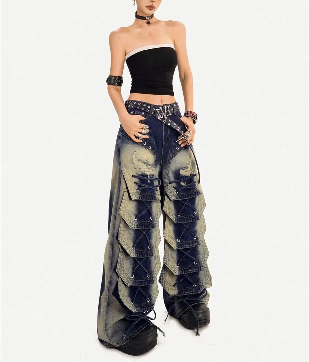 Women's Embroidered Irregular High-Rise Oversized Wide-Leg Jeans Retro Streetwear for Personalized Bold Looks