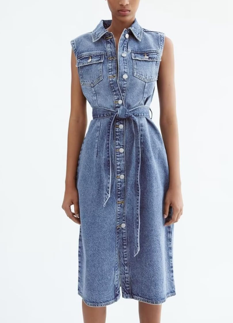 Dress for Women Casual Sleeveless Belted Button Down Midi Jean Dresses for Women