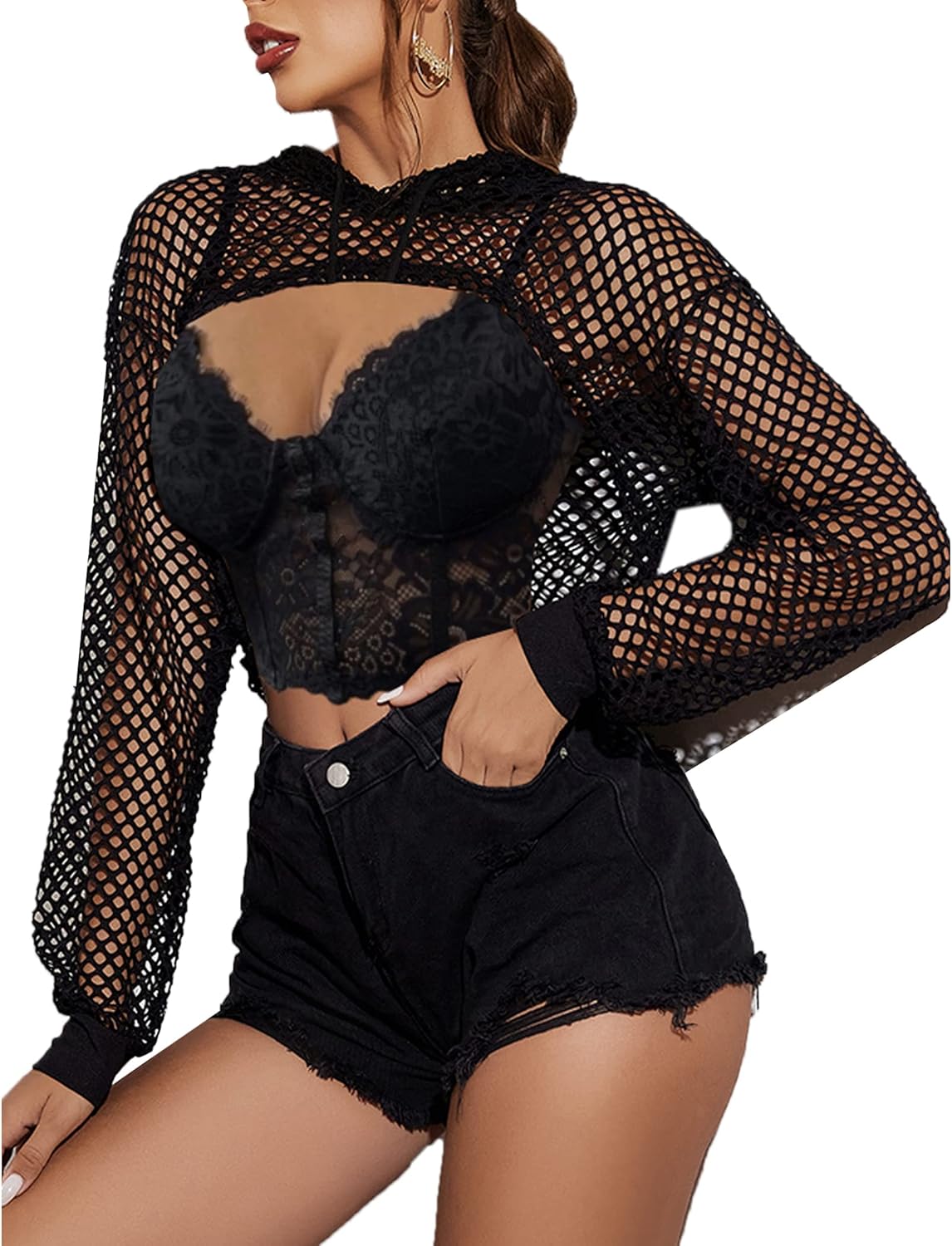 Mesh Crop Top Hoodie Rave Tops For Women Long Sleeve Fishnet Shirt for Festival Club Party