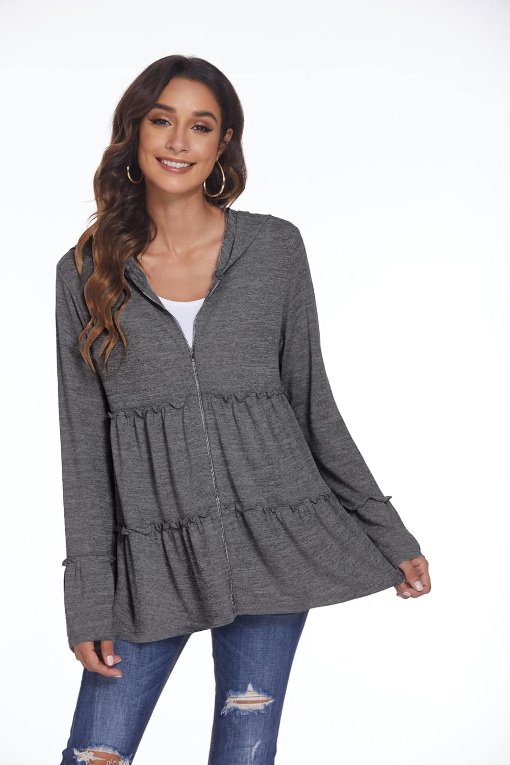 Full Zip Up Hoodie for Women Pleated Tiered Ruffle Hooded Sweatshirts Jacket Coat Long Sleeve Full Zip Up Hoodie for Women Pleated Tiered Ruffle Hooded Sweatshirts Jacket Coat Long Sleeve
