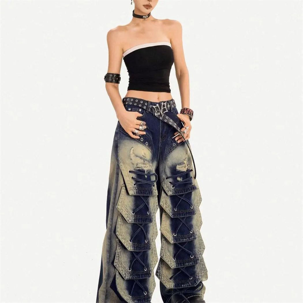 Women's Embroidered Irregular High-Rise Oversized Wide-Leg Jeans Retro Streetwear for Personalized Bold Looks