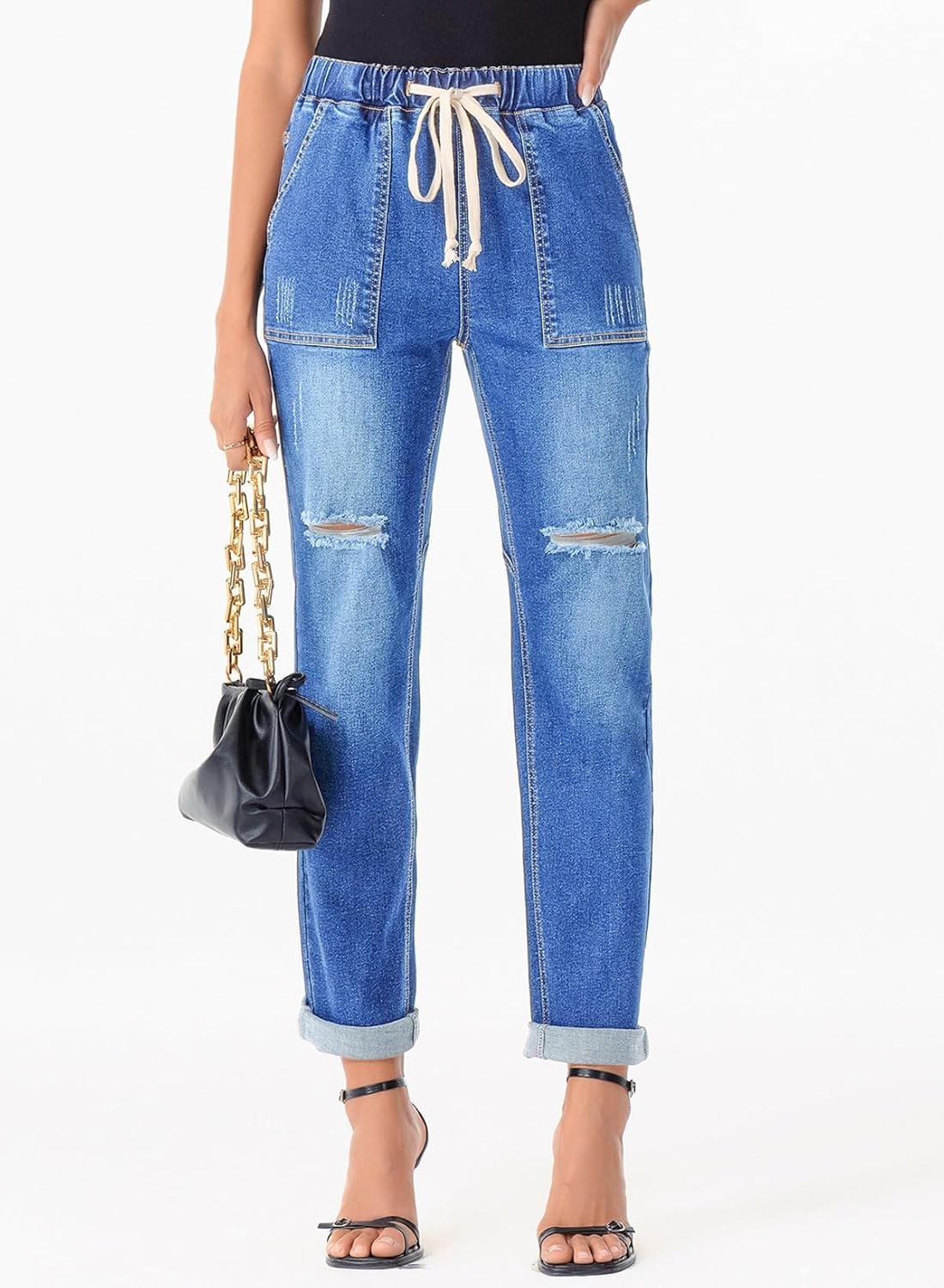Women's High Waisted Drawstring Jeans Pull On Cargo Joggers Ripped Elastic Waist Pants Women's High Waisted Drawstring Jeans Pull On Cargo Joggers Ripped Elastic Waist Pants