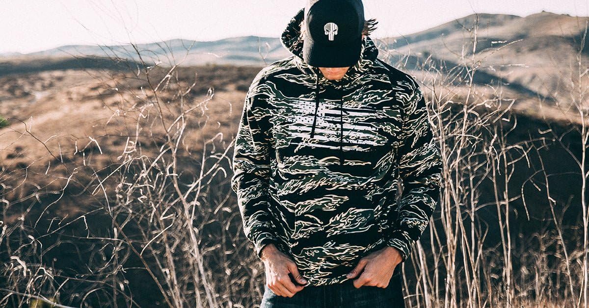 Patriotic Tiger Camo Heavyweight Hoodie for Men and Women Decorated in USA