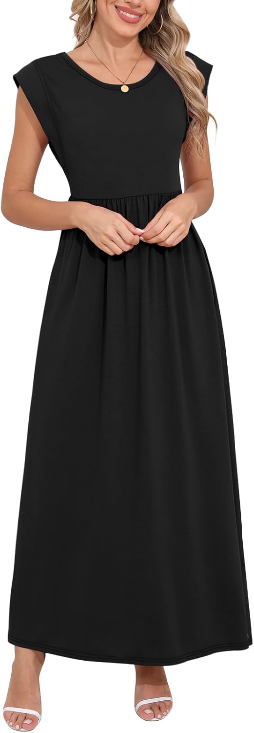Womens Maxi Dresses Empire Waist Long Summer Dress Casual Cap Short Sleeve Sundress with Pockets Womens Maxi Dresses Empire Waist Long Summer Dress Casual Cap Short Sleeve Sundress with Pockets
