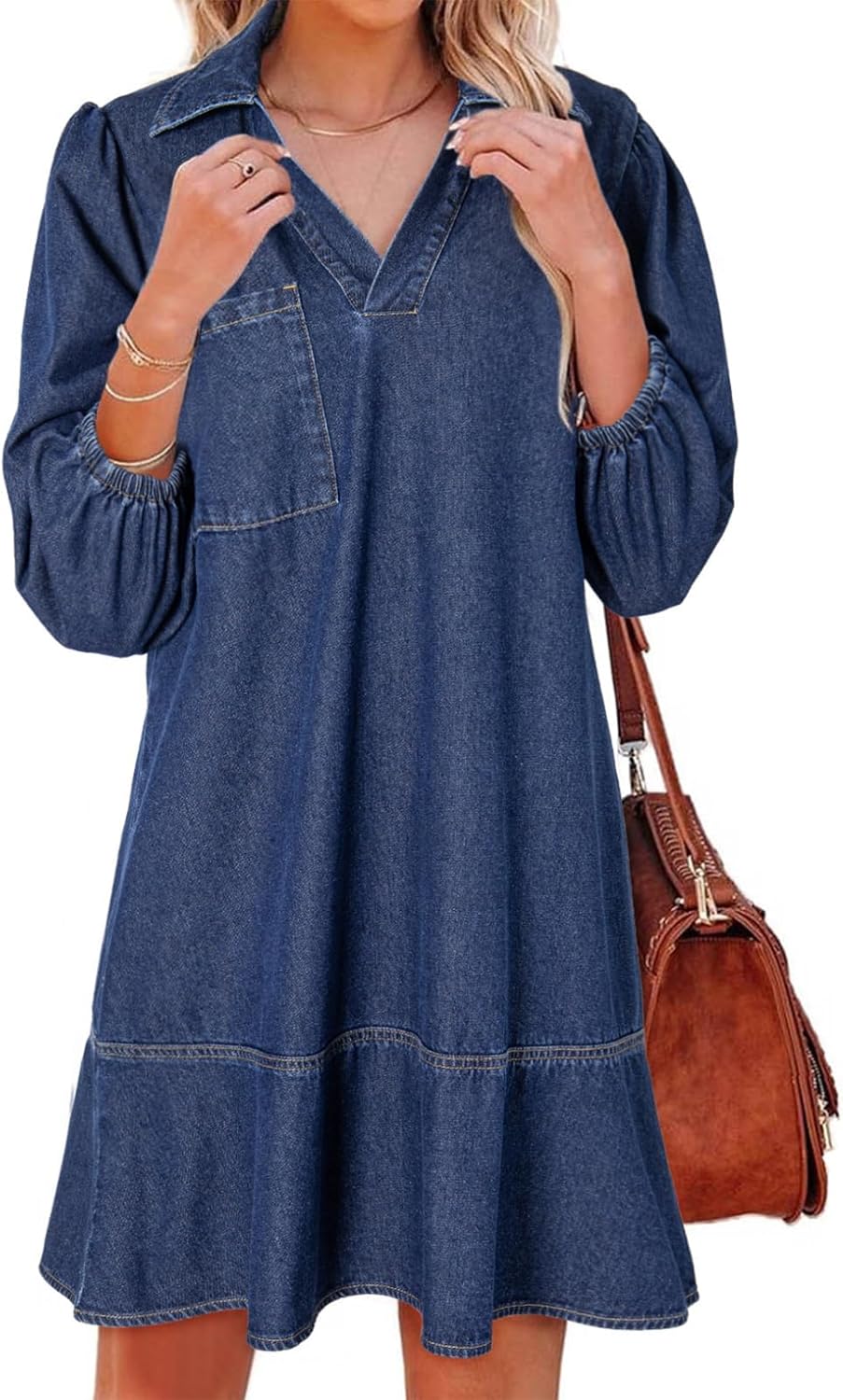 Dress for Women Fall Casual Babydoll V Neck 3\/4 Puff Sleeve Jean Dresses