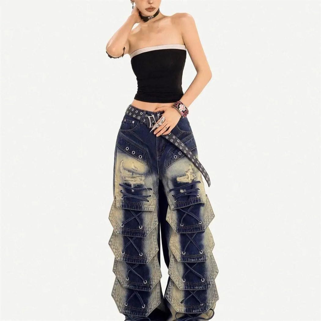 Women's Embroidered Irregular High-Rise Oversized Wide-Leg Jeans Retro Streetwear for Personalized Bold Looks