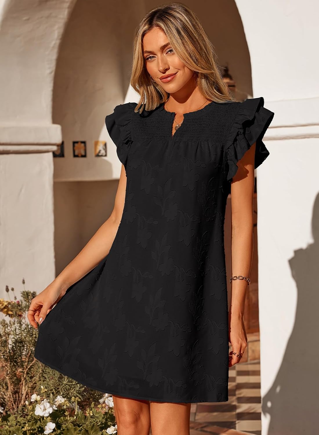Womens Summer Dresses Ruffle Short Sleeve Casual V Neck Smocked Floral Burnout Mini Dress Sundress