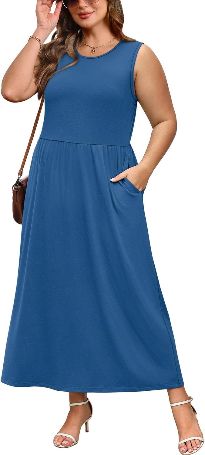 Summer Dresses for Women Maxi Dresses Long Flowy A Line Sleeveless Sundresses with Pockets