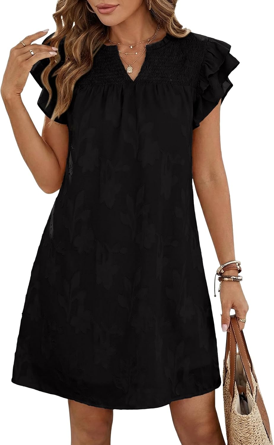 Womens Summer Dresses Ruffle Short Sleeve Casual V Neck Smocked Floral Burnout Mini Dress Sundress