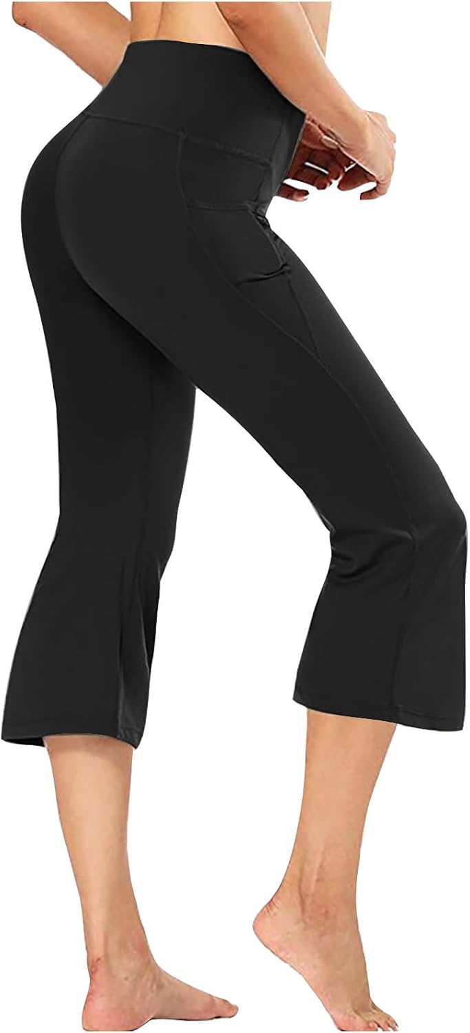 Capri Leggings for Women Tummy Control High Waist Flare Yoga Pant Comfy Athletic Workout Summer Leggings with Pocket