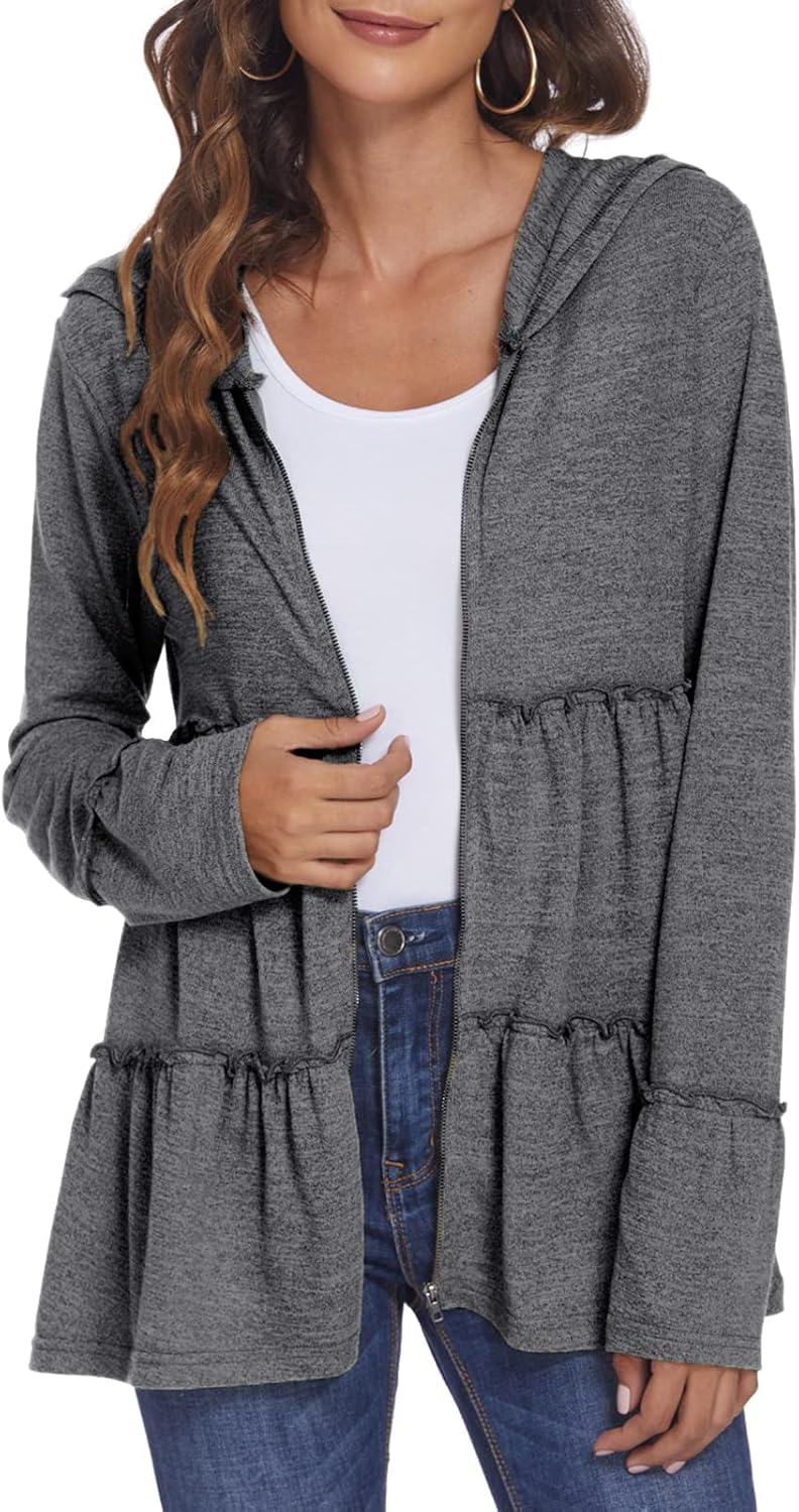 Full Zip Up Hoodie for Women Pleated Tiered Ruffle Hooded Sweatshirts Jacket Coat Long Sleeve