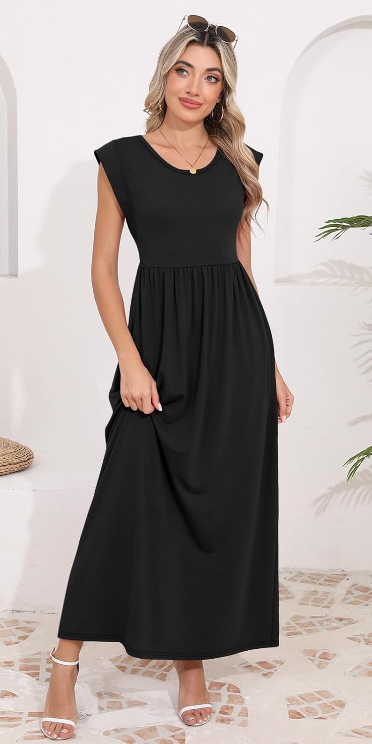 Womens Maxi Dresses Empire Waist Long Summer Dress Casual Cap Short Sleeve Sundress with Pockets Womens Maxi Dresses Empire Waist Long Summer Dress Casual Cap Short Sleeve Sundress with Pockets
