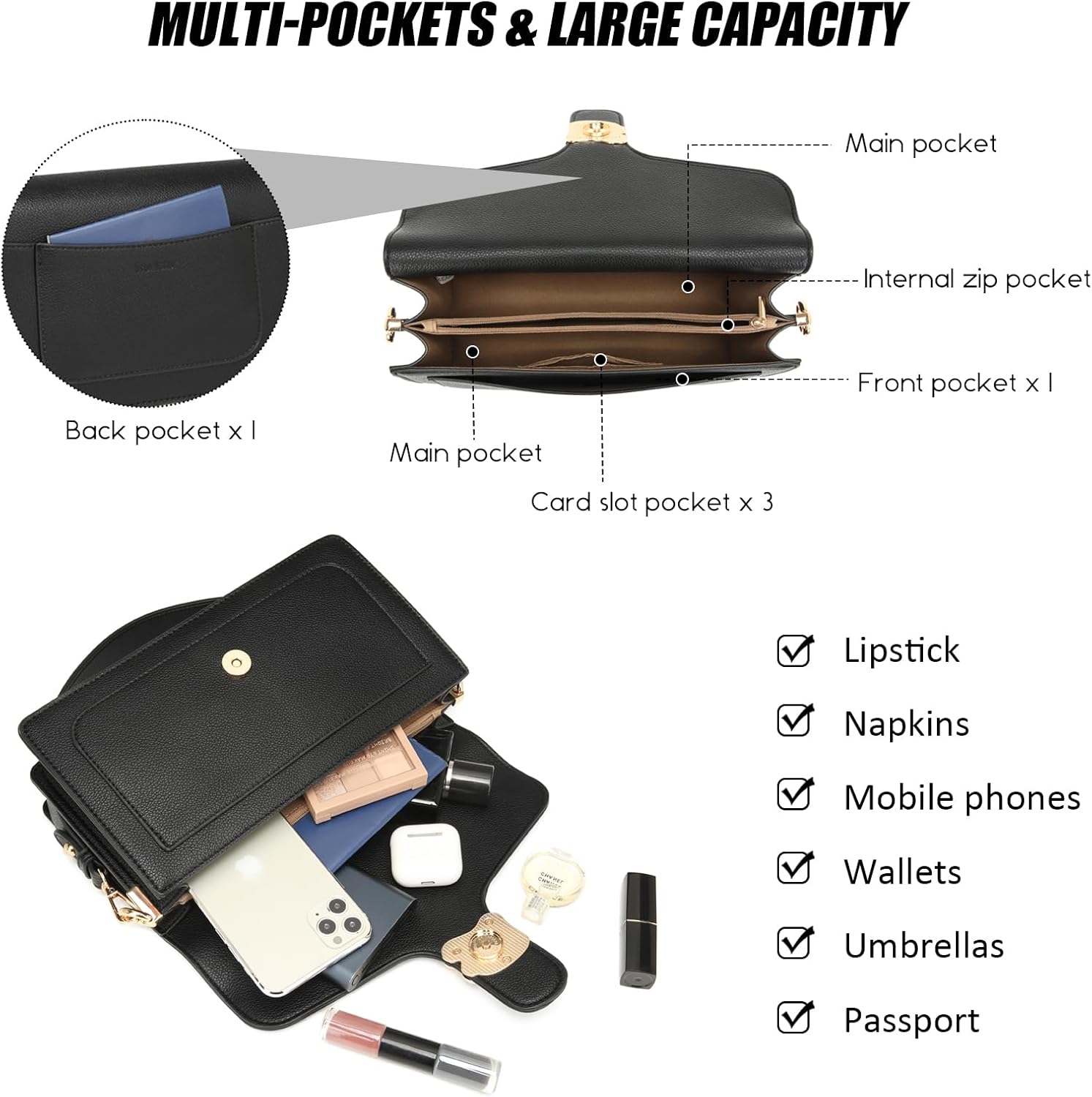 Crossbody Bags for Women Small Cross Body Purse Shoulder Bag Leather Handbags Evening Clutch with 2 Detachable Straps