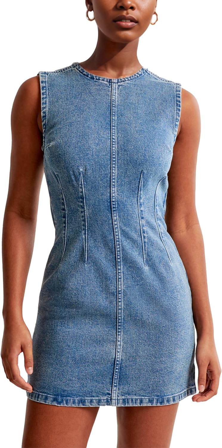 Women's Sleeveless Bodycon Mini Dress Sleeveless Waist Tucks Zipper Short Tank Jean Dresses Concert Outfits