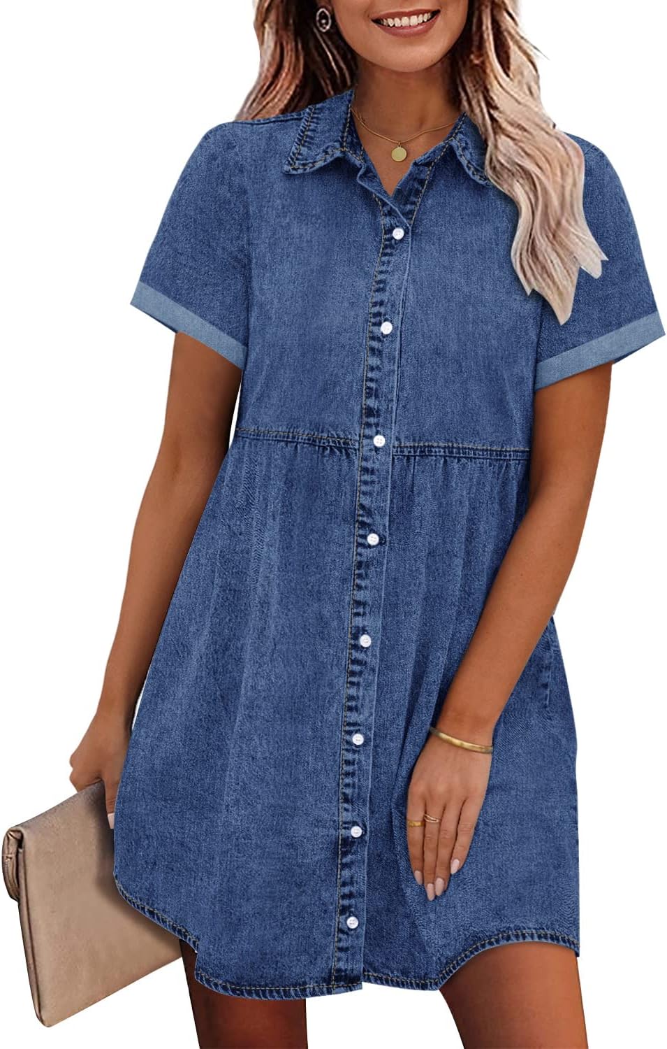 Dress for Women Babydoll Tiered Short Sleeve Button Down Jean Shirt Dresses