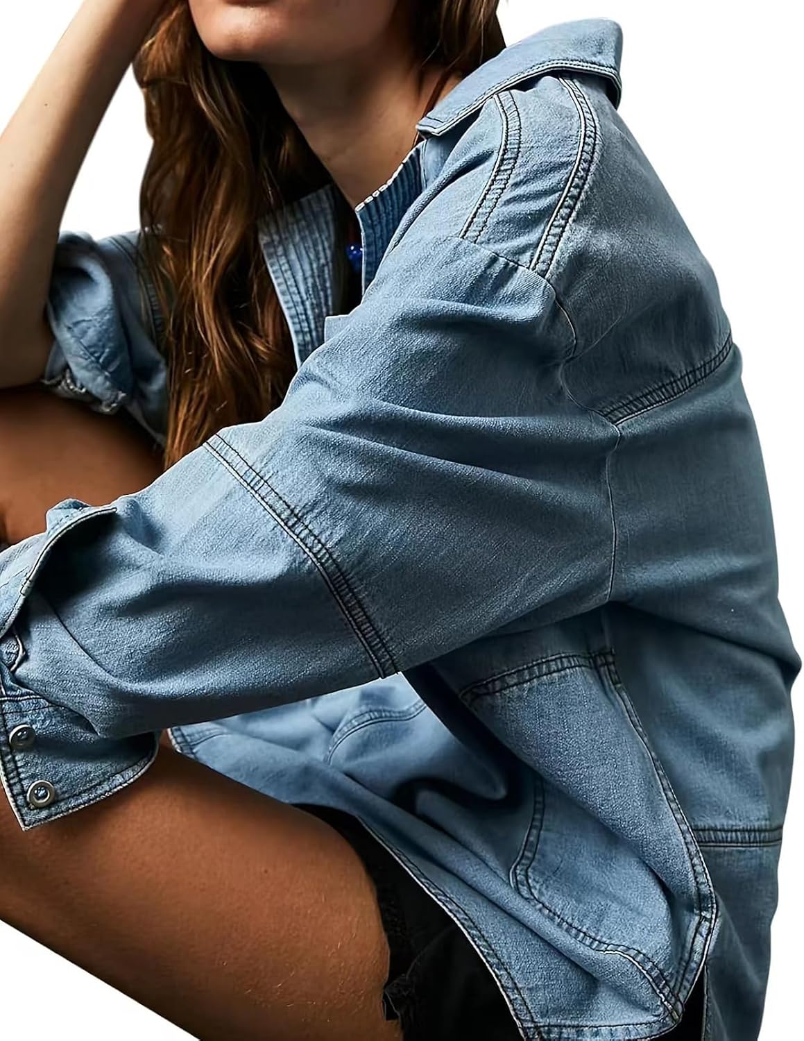 Women Casual Long Sleeve Pullover Top Jean Shirt Turndown V Neck Oversized Shirt Hoodie Sweatshirt