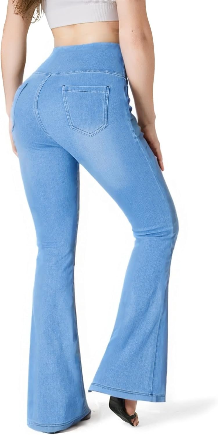 Knit Stetchy Flare Jean for Women Jean Leggings with Pockets High Waisted Pull on Bell Bottom Yoga Pants Knit Stetchy Flare Jean for Women Jean Leggings with Pockets High Waisted Pull on Bell Bottom Yoga Pants