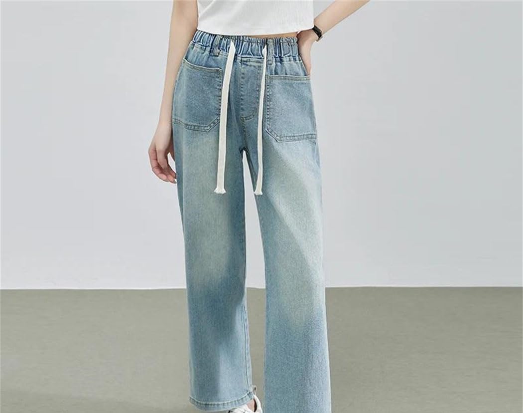 Women Summer High Waist Wide Leg Jeans Elastic Drawstring Pants Streetwear Trousers Women Summer High Waist Wide Leg Jeans Elastic Drawstring Pants Streetwear Trousers