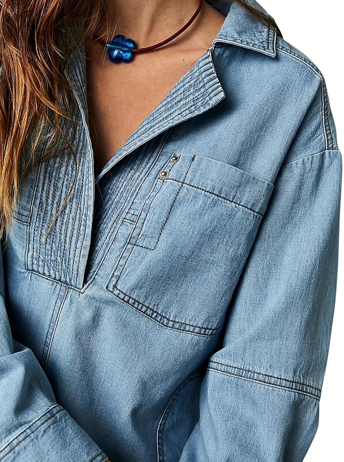 Women Casual Long Sleeve Pullover Top Jean Shirt Turndown V Neck Oversized Shirt Hoodie Sweatshirt Women Casual Long Sleeve Pullover Top Jean Shirt Turndown V Neck Oversized Shirt Hoodie Sweatshirt