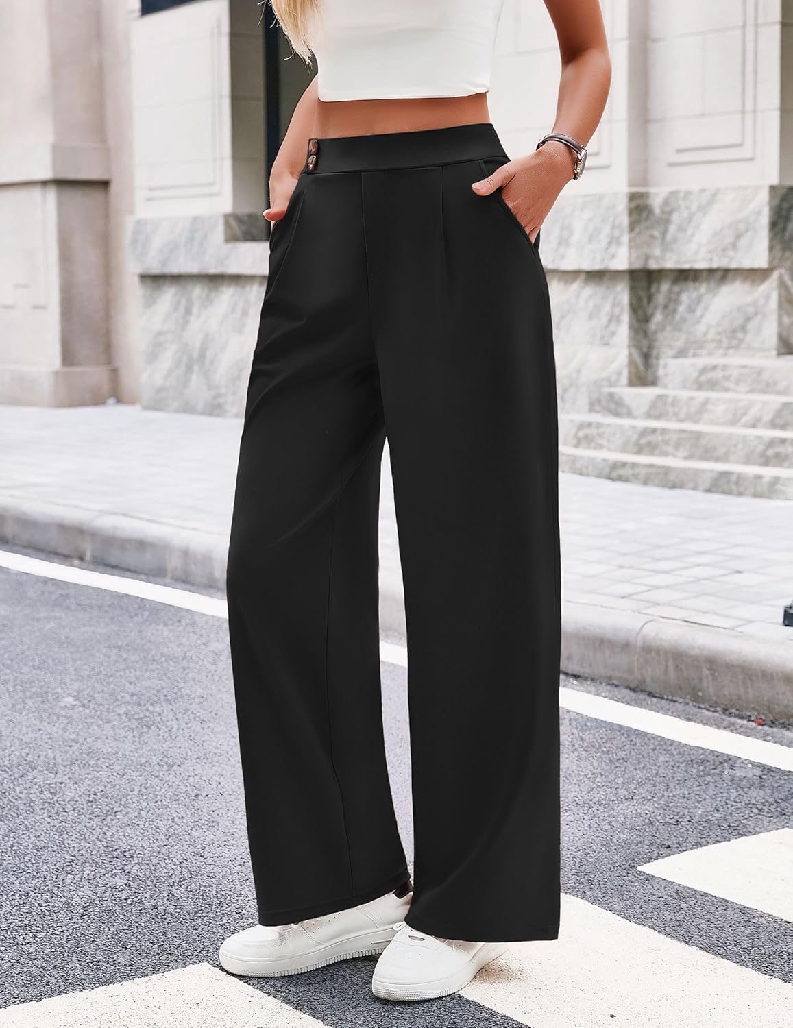 Women's Dress Pants Wide Leg Stretchy Work Trousers High Waisted Pleated Business Casual Pants with Pockets