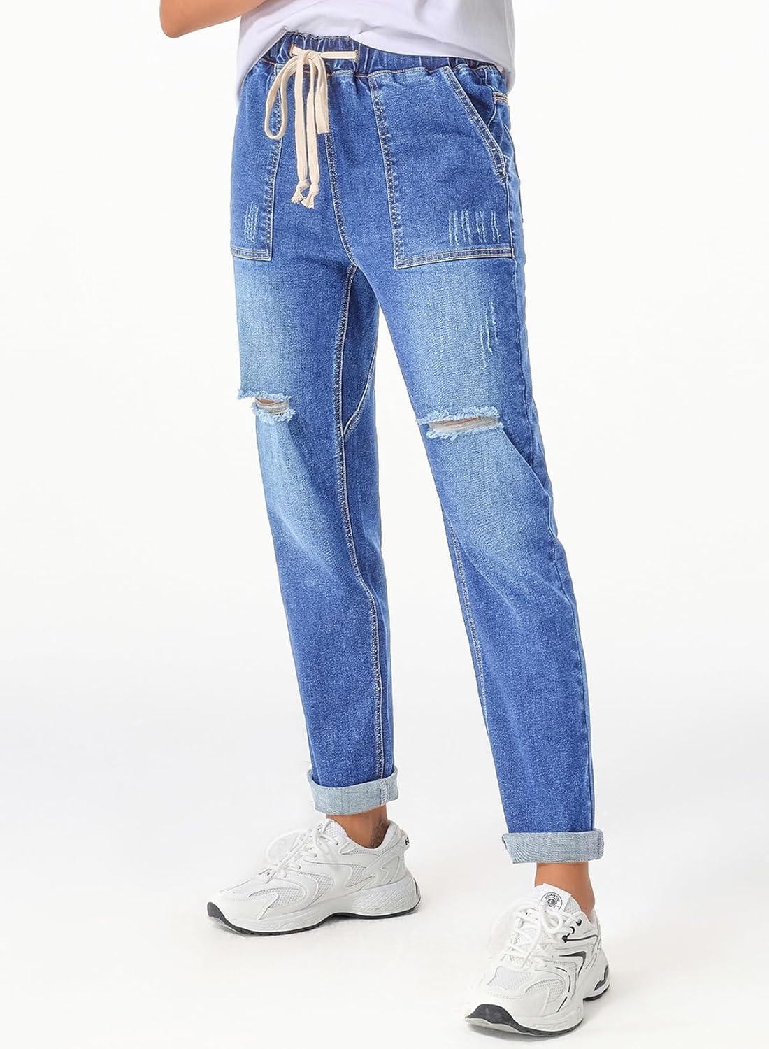 Women's High Waisted Drawstring Jeans Pull On Cargo Joggers Ripped Elastic Waist Pants Women's High Waisted Drawstring Jeans Pull On Cargo Joggers Ripped Elastic Waist Pants