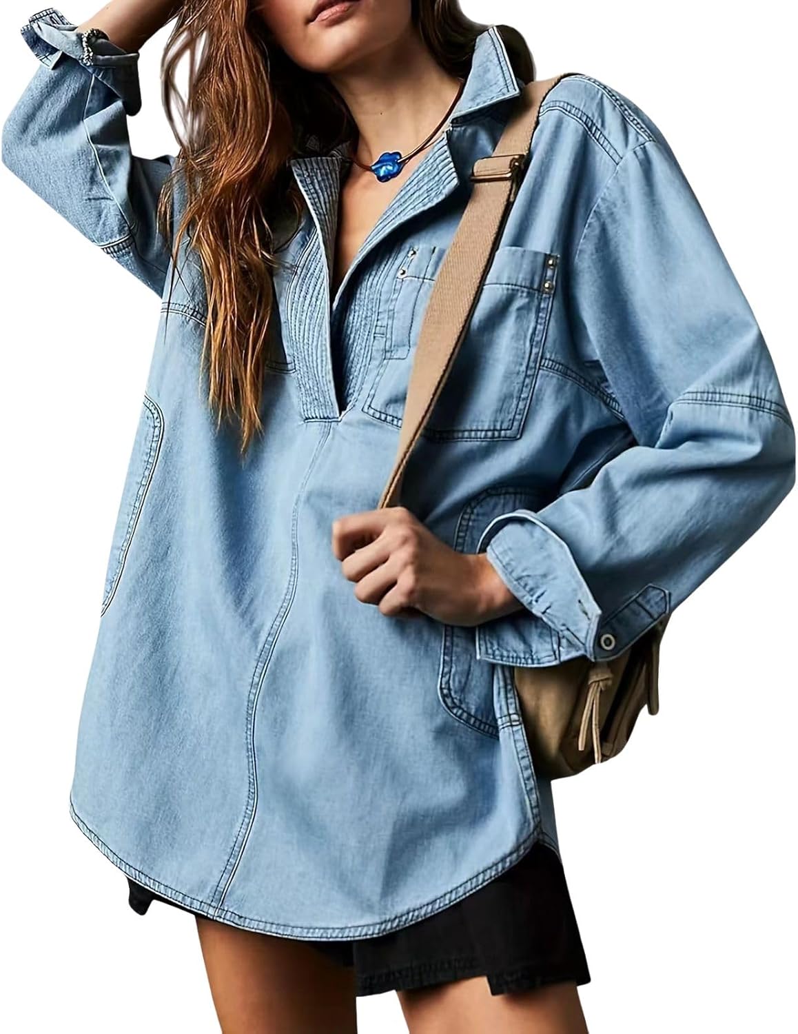 Women Casual Long Sleeve Pullover Top Jean Shirt Turndown V Neck Oversized Shirt Hoodie Sweatshirt