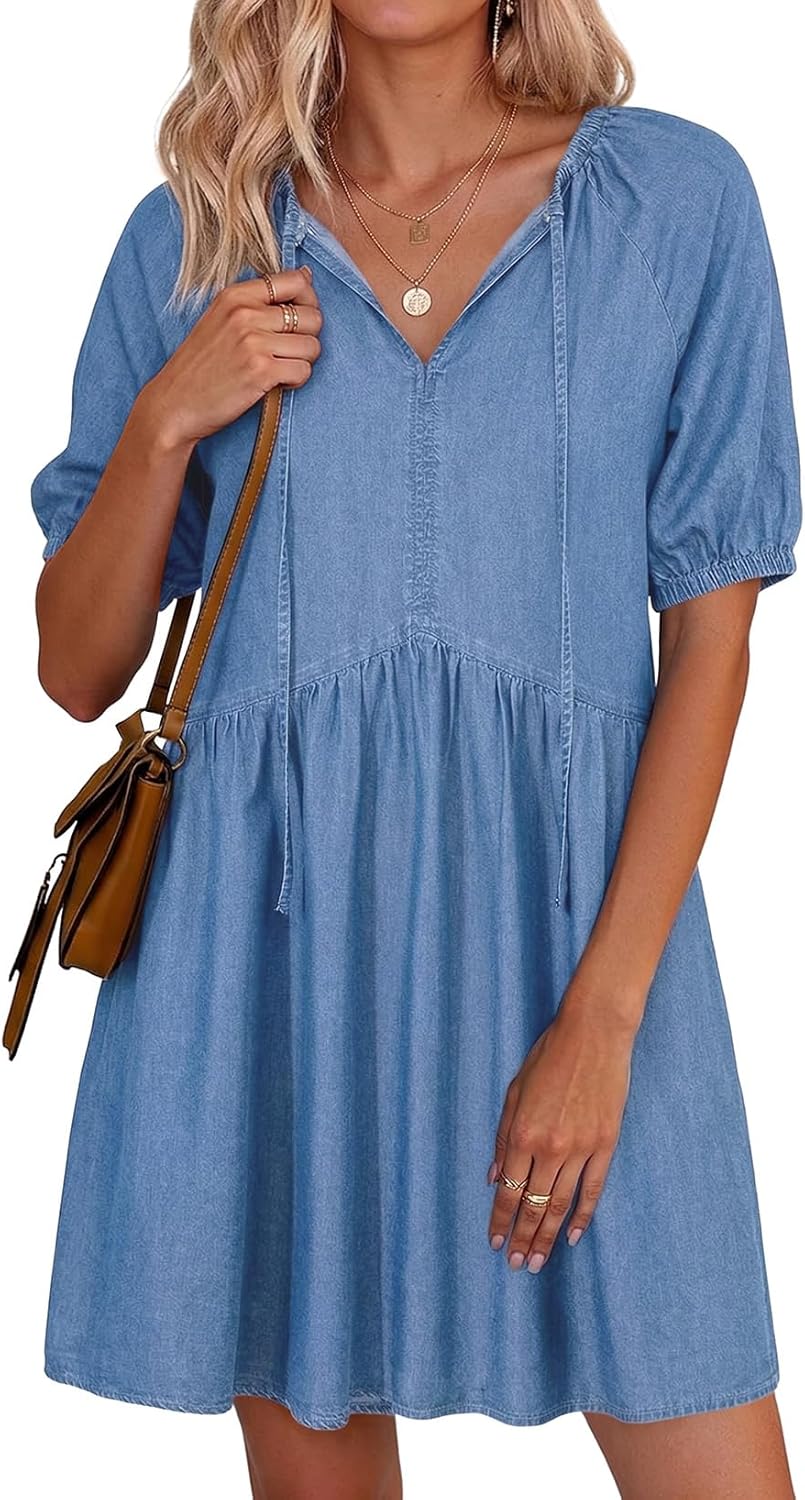 Dress for Women Short Puff Sleeve V Neck Solid Babydoll Jean Dresses