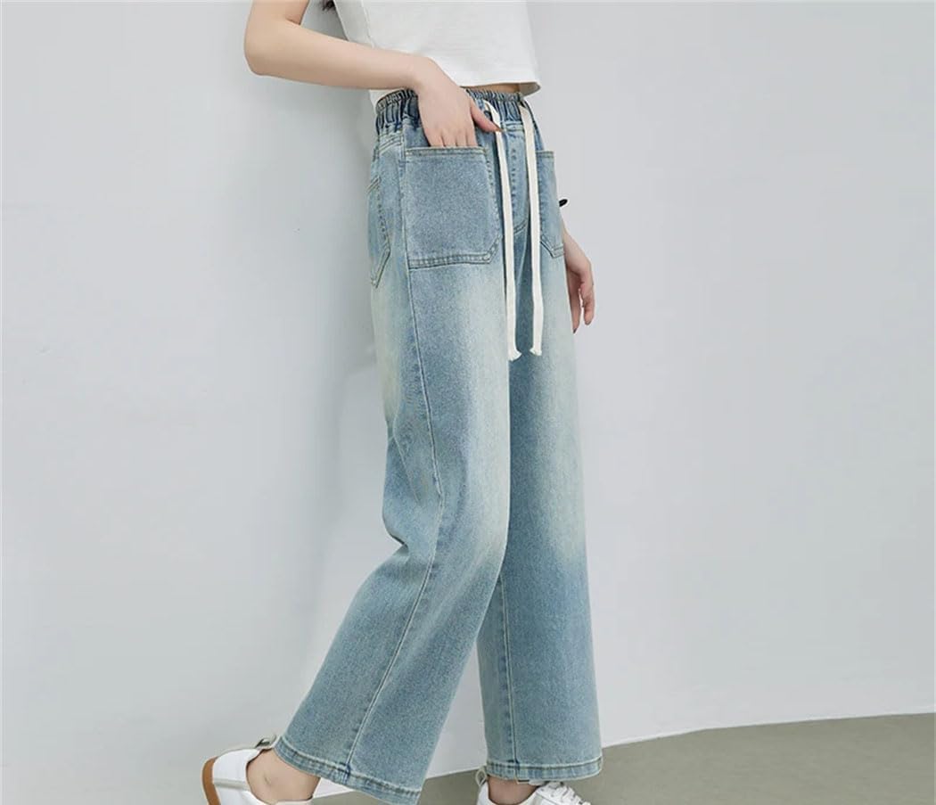 Women Summer High Waist Wide Leg Jeans Elastic Drawstring Pants Streetwear Trousers