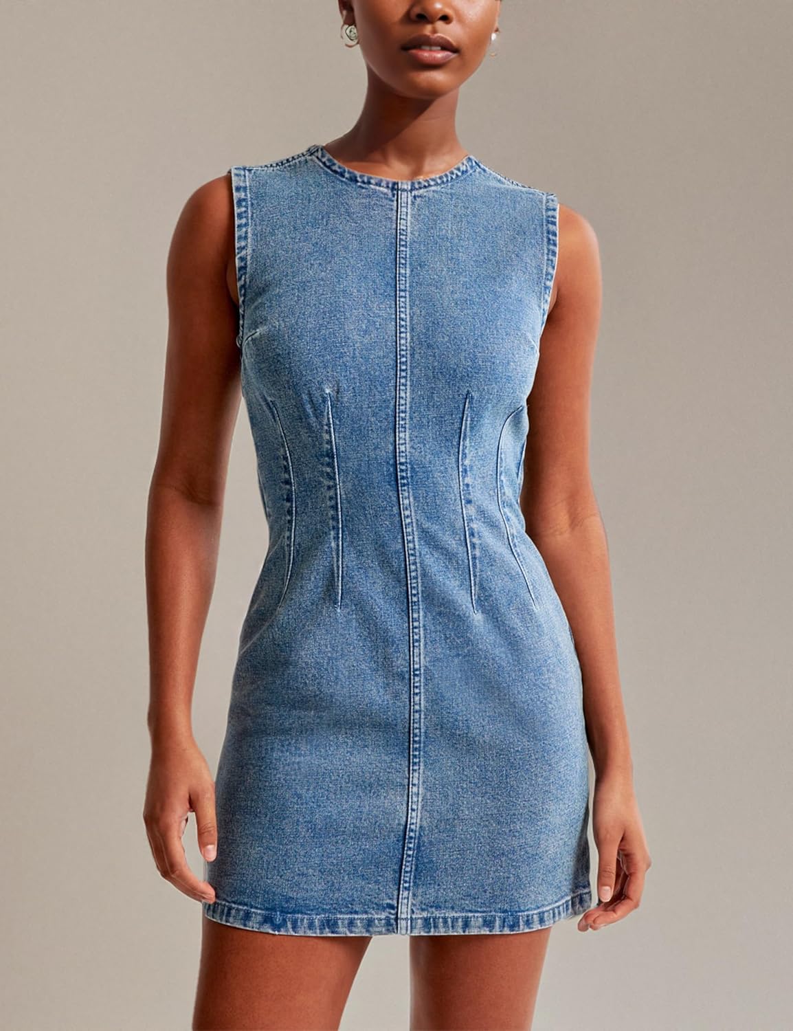 Women's Sleeveless Bodycon Mini Dress Sleeveless Waist Tucks Zipper Short Tank Jean Dresses Concert Outfits