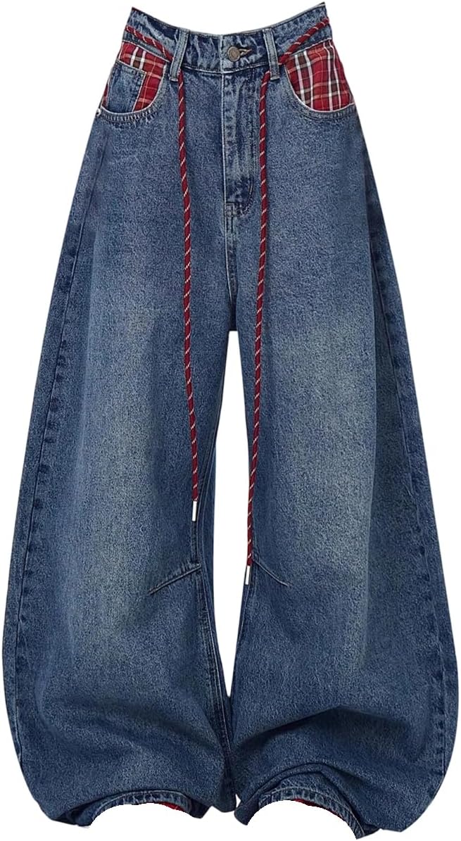 Women's Plaid Patchwork Washed Jeans Oversize Vintage Grunge Baggy Wide Leg Pants Women's Plaid Patchwork Washed Jeans Oversize Vintage Grunge Baggy Wide Leg Pants