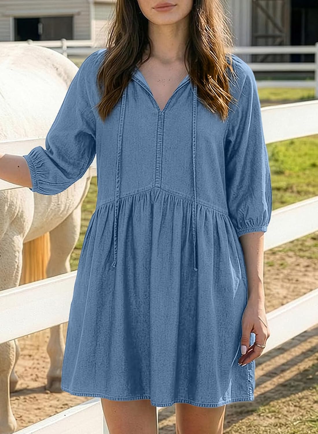 Dress for Women Short Puff Sleeve V Neck Solid Babydoll Jean Dresses