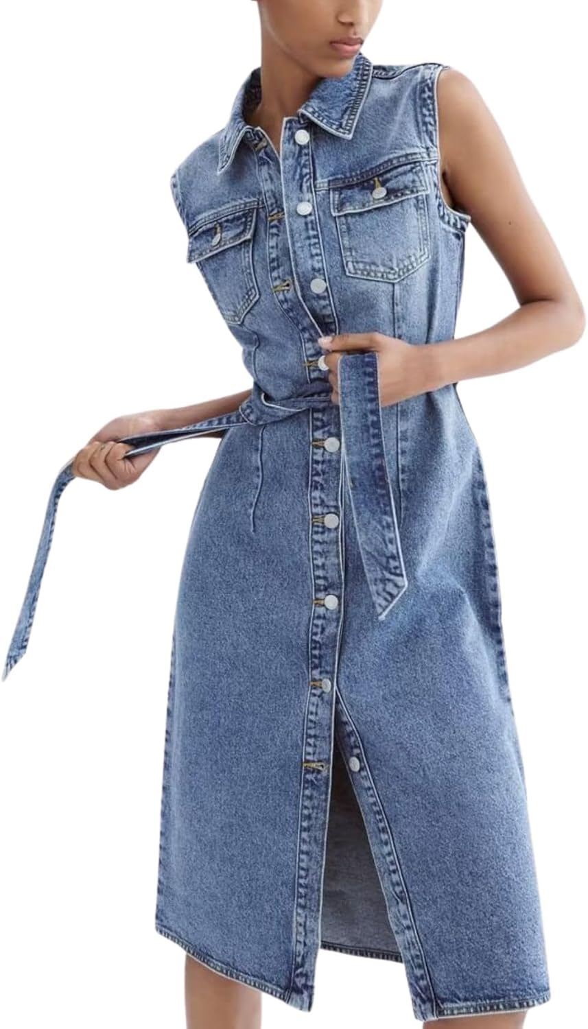 Dress for Women Casual Sleeveless Belted Button Down Midi Jean Dresses for Women