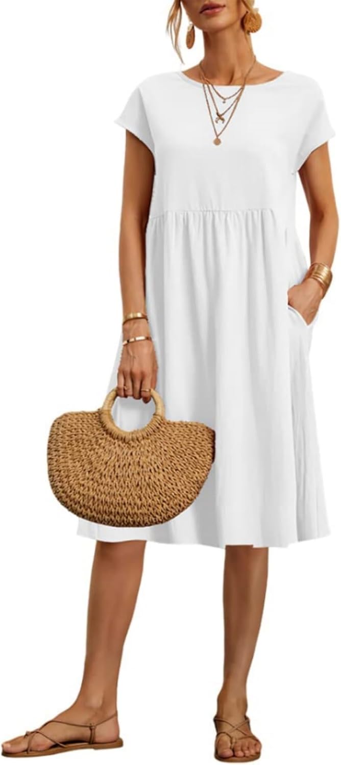 Cotton Dresses for Women Women's Summer Short Sleeve Midi Dress Casual Loose Beach Dress with Pockets